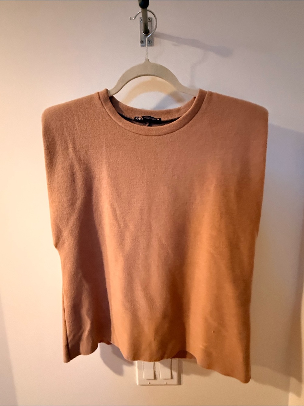 Zara Beige Crewneck Sleeveless Knit Top with Padded Shoulders